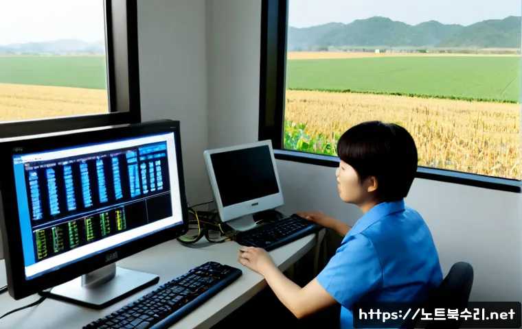 오성면 CLOCK_WATCHDOG_TIMEOUT - Photorealistic IT support workstation in a quiet rural Korean industrial office, dual monitors showi...