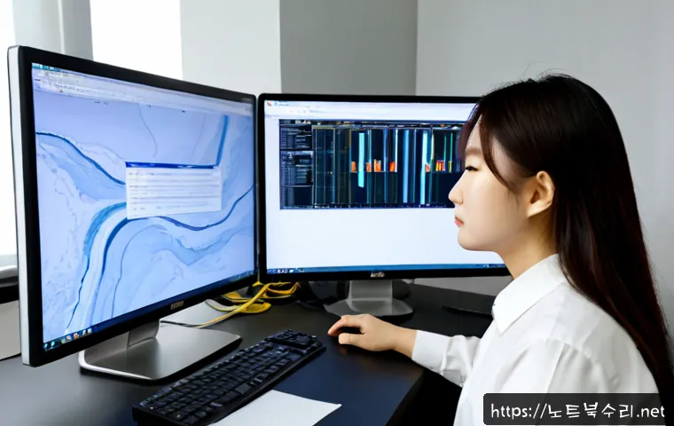 염곡동 WIN32K_LOCK_HELD_TOO_LONG - Photorealistic IT support workstation in a quiet Yeomgok-dong office, dual monitors showing a frozen...
