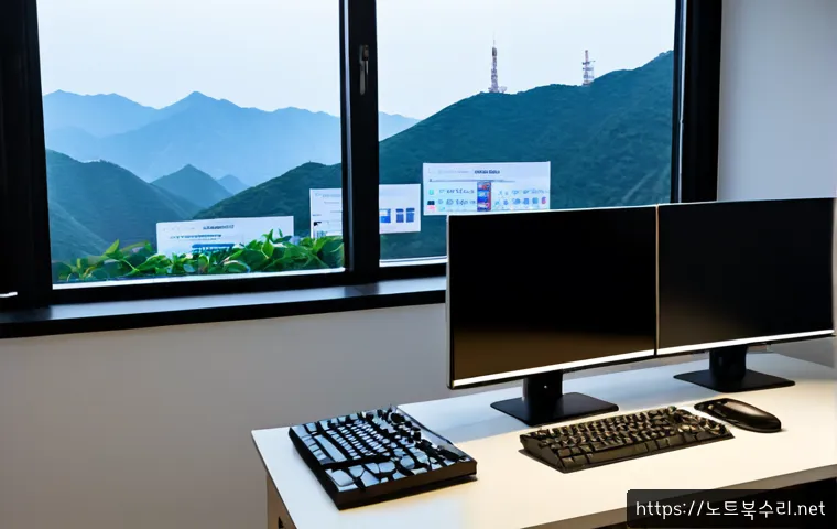 도원동 STATUS_MODULE_ACCESS_DENIED - Photorealistic remote-support workstation in a compact Dowon-dong apartment office, dual monitors sh...