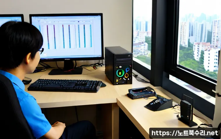 월피동 WHEA_UNCORRECTABLE_ERROR - Photorealistic PC repair workstation in a compact Wulpidong apartment office, desktop tower opened b...