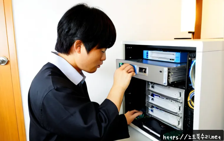 온수동 하드조립 및 교체수리 - Photorealistic computer repair workstation in a compact Onsu-dong apartment office, technician insta...