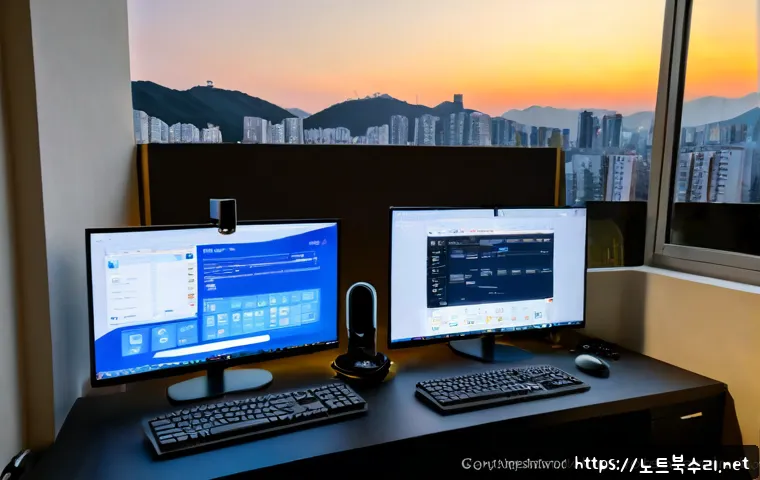 만리동 SESSION_HAS_VALID_VIEWS_ON_EXIT - Photorealistic remote-support workstation in a compact Mangnidon apartment office, dual monitors sho...