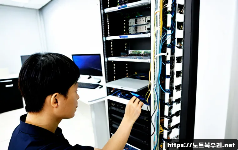 대곡동 server출장방문수리점 - Photorealistic server technician performing an on-site repair in a compact Daegok-dong office, open ...