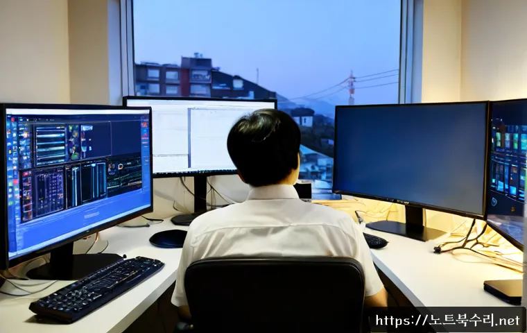 동양동 STATUS_KERNEL_STACK_CORRUPTION - Photorealistic IT support workstation in a compact Dongyang-dong apartment office, dual monitors sho...