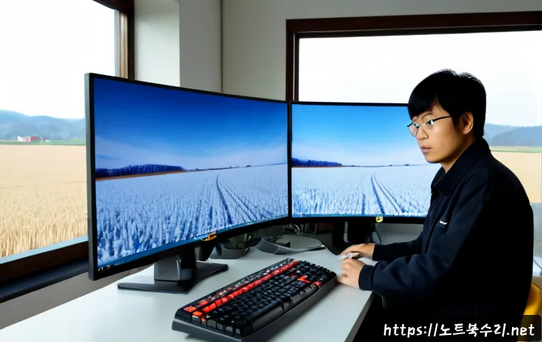 서운면 THREAD_STUCK_IN_DEVICE_DRIVER - Photorealistic rural Korean design studio near Seoun-myeon, a frustrated engineer at a dual-monitor ...