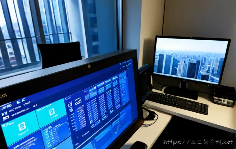 하대원동 FAT_FILE_SYSTEM - Photorealistic IT support workstation in a compact mixed-use district office, dual monitors showing ...