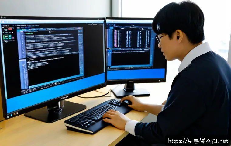 교산동 STATUS_KERNEL_BLOCKED - Photorealistic remote-support workstation in a quiet suburban Korean office, technician studying a d...