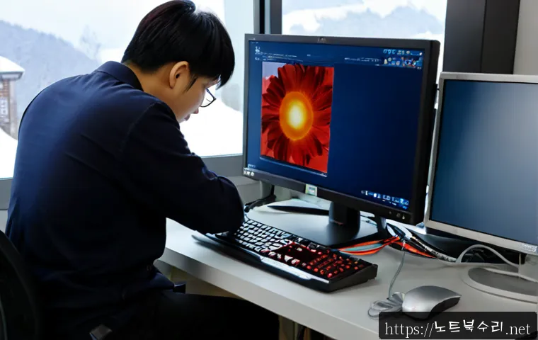 공평동 CLOCK_WATCHDOG_TIMEOUT - Photorealistic remote-support workstation in Gongpyeong-dong, dual monitors showing a frozen unbrand...
