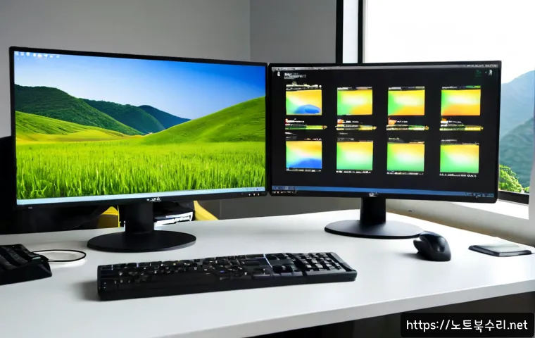 목감동 STATUS_STACK_UNDERFLOW - Photorealistic IT support workstation in a quiet Mokgam-dong apartment office, dual monitors showing...
