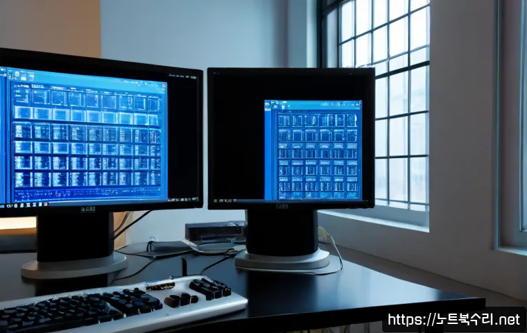 신문로 KERNEL_MODE_HEAP_CORRUPTION - Photorealistic editorial workstation scene in a quiet historic office near Sejong-daero, dual monito...