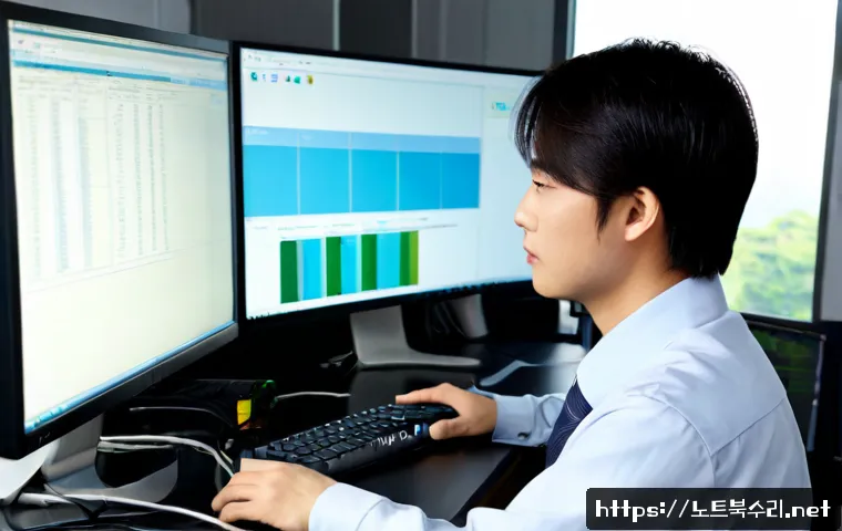 대치동 ACPI_BIOS_ERROR - Photorealistic IT technician diagnosing a desktop workstation beside dual monitors showing a clean a...