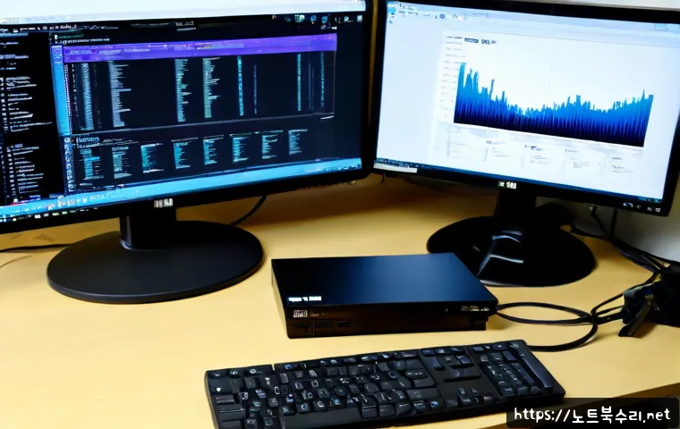 감이동 PFN_LIST_CORRUPT - Photorealistic IT support workstation in a quiet suburban district near Gami-dong, dual monitors sho...