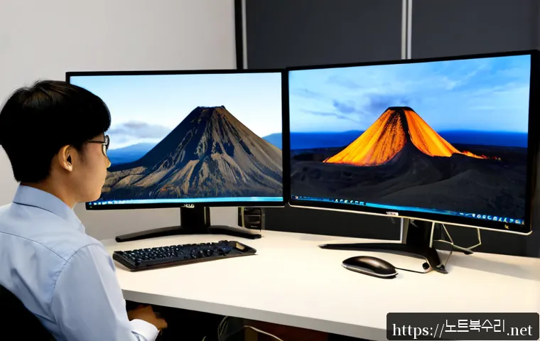 화산동 STATUS_UNSUCCESSFUL - Photorealistic remote IT support workstation in a modern office near a low wooded volcanic hill, dua...