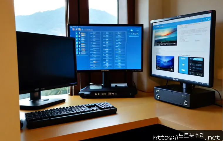 통인동 KERNEL_DATA_INPAGE_ERROR - Photorealistic IT support workstation in a compact hillside apartment office, dual monitors showing ...