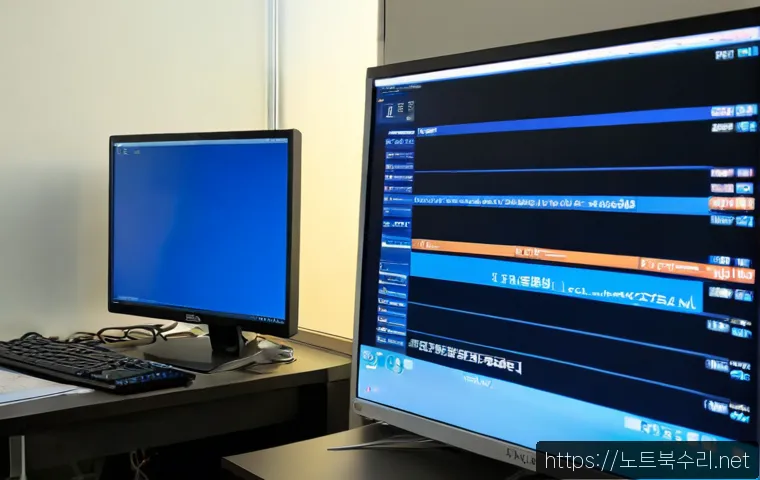 신천동 BAD_POOL_CALLER - Photorealistic IT support workstation in Sincheon-dong, Seoul, dual monitors showing a minimal blue ...