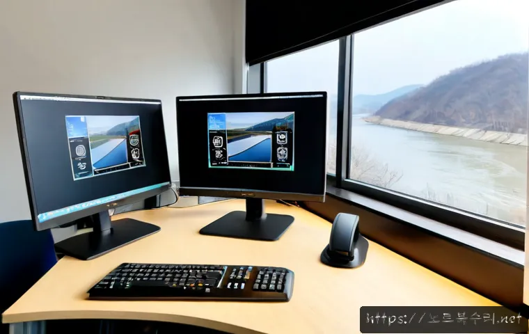 문산읍 STATUS_PRIVILEGED_INSTRUCTION - Photorealistic remote-support workstation in a quiet suburban office near a riverside rail town, dua...