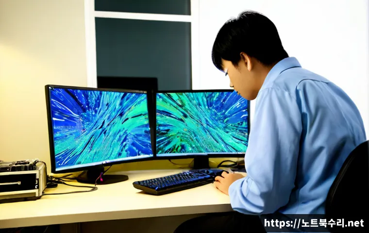 상패동 MACHINE_CHECK_EXCEPTION - Photorealistic IT technician diagnosing a powerful desktop workstation in a compact industrial offic...
