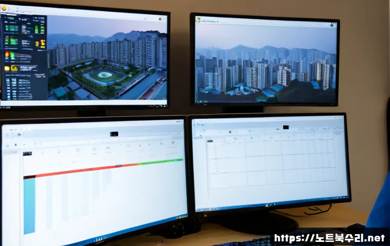 태평동 STATUS_FLOAT_DIVIDE_BY_ZERO - Photorealistic IT support workstation in a compact Taepyeong-dong office, dual monitors showing a cl...