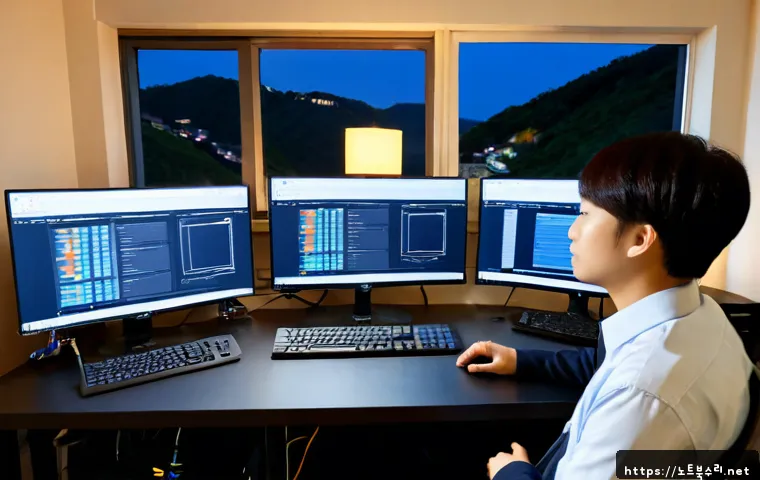 삼선동 STATUS_MEMORY_OVERFLOW - Photorealistic IT support workstation in a compact Samseon-dong apartment office, dual monitors show...