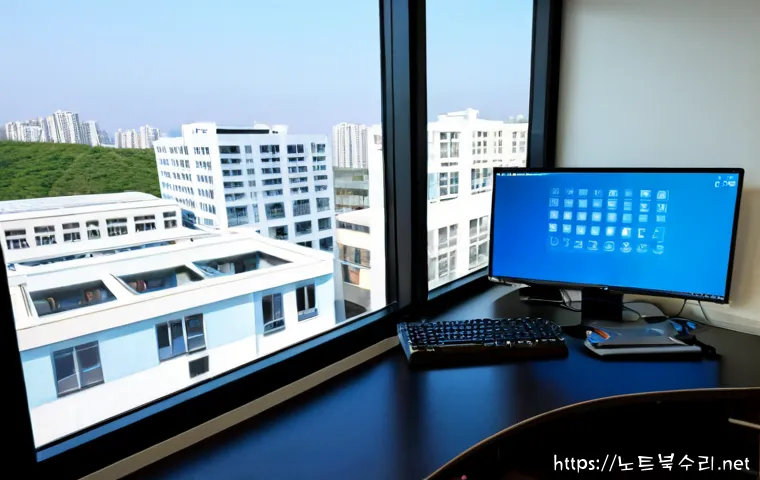 사송동 STATUS_KERNEL_DEVICE_ERROR - Photorealistic IT support workstation in a modern apartment office, ultrawide monitor showing a blan...