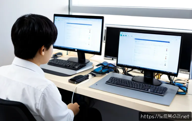유방동 STATUS_KERNEL_BOOT_FAILURE - Photorealistic IT support workstation in a compact modern office, dual monitors frozen during startu...
