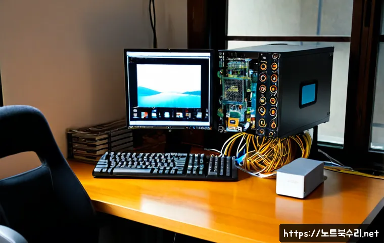 복정동 부팅안됨 - Photorealistic desktop PC repair bench in a compact Bokjeong-dong apartment workspace, open tower ca...