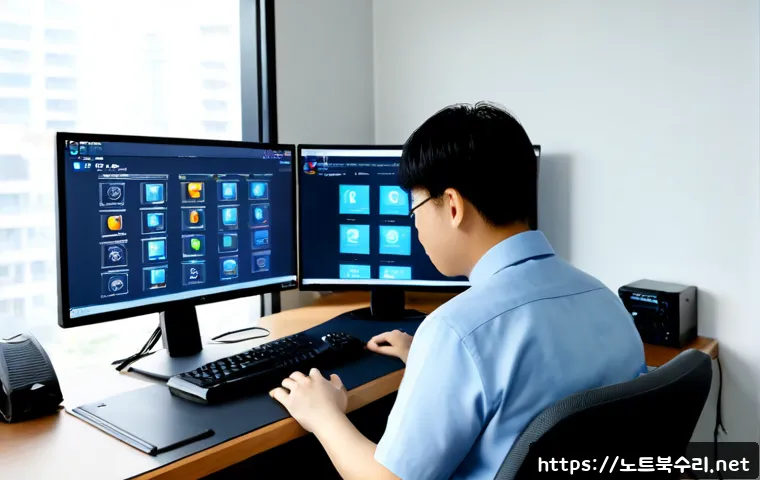 기배동 STATUS_SECURITY_POLICY_VIOLATION - Photorealistic IT support workstation in a quiet Gibaedong office, technician reviewing a generic co...