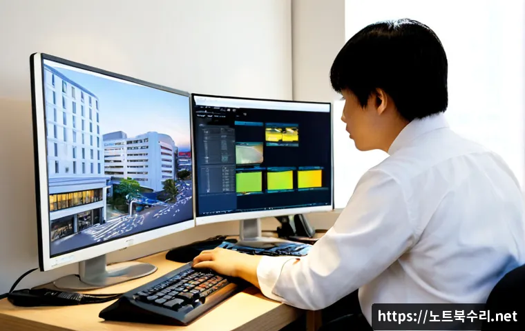북창동 자동복구 - Photorealistic IT support workstation in a compact downtown Seoul office near Bukchang-dong, dual mo...