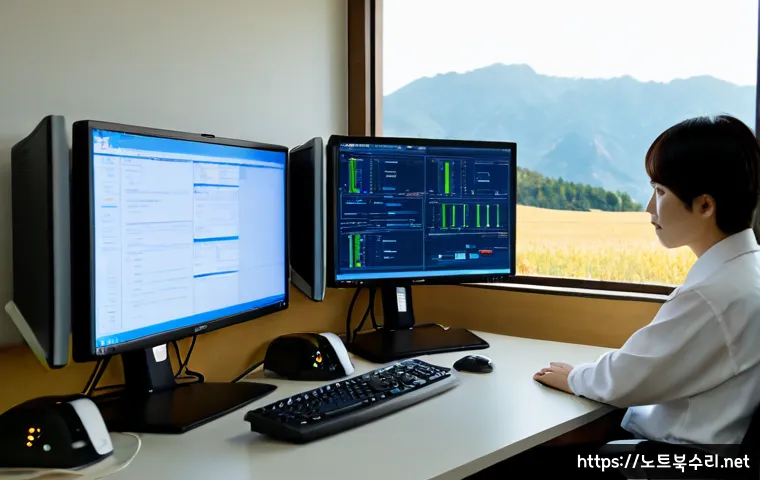 적성면 NDIS_INTERNAL_ERROR - Photorealistic IT support workstation in a quiet rural Korean office, dual monitors showing abstract...