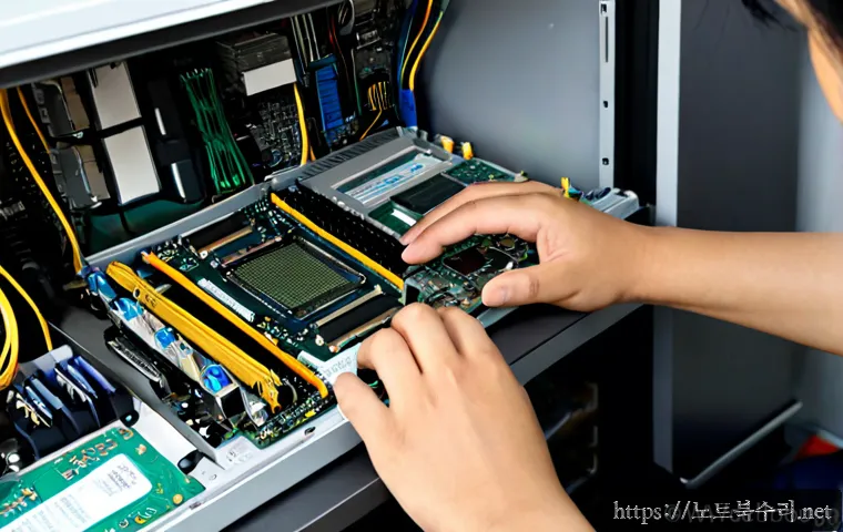 화도면 메인보드조립 및 교체수리 - Photorealistic computer repair workstation in Hwado-myeon, technician carefully installing a new mot...