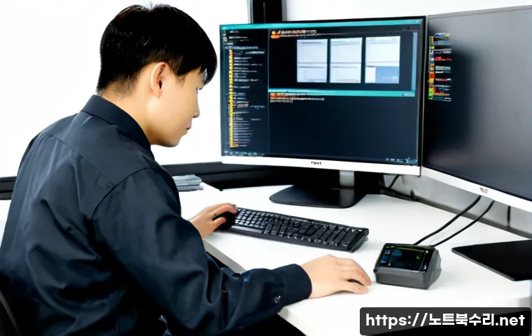 사사동 자동복구 - Photorealistic remote-support workstation in a quiet industrial neighborhood office, dual monitors s...