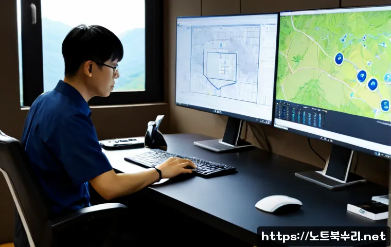 양주동 STATUS_INVALID_LOCK_SEQUENCE - Photorealistic software support workstation in a compact Korean office near low wooded hills, dual m...
