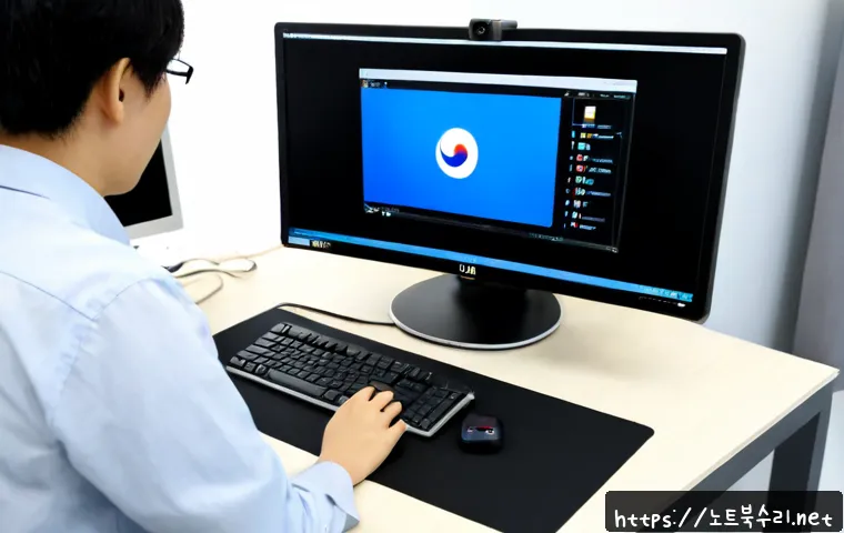 내가면 STATUS_DEVICE_NOT_READY - Photorealistic IT support workstation in a compact Korean office, desktop monitor showing a clean bl...