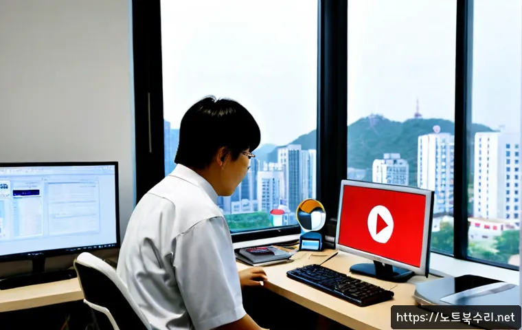 하남시 STATUS_DISK_READ_FAILURE - Photorealistic IT support workstation in Hanam, South Korea, ultrawide monitor showing a nonverbal s...