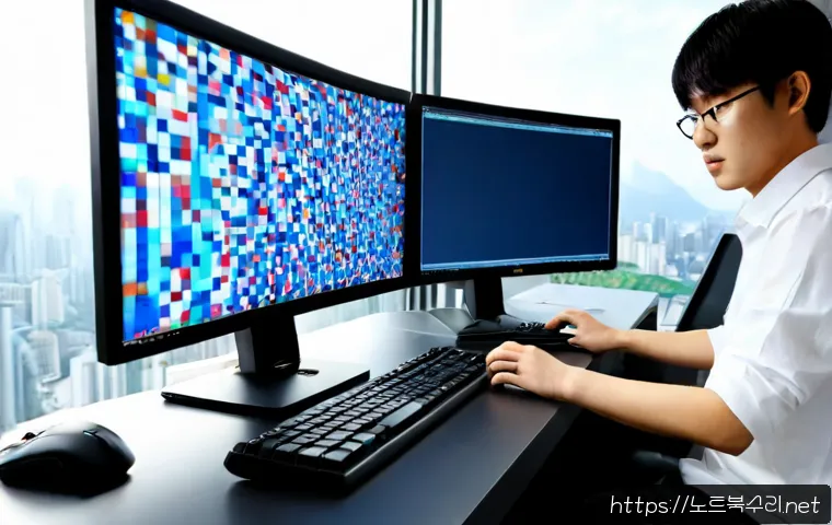 당산동 STATUS_IMAGE_CORRUPTION - Photorealistic IT support workstation in a modern Dangsan-dong office, dual monitors showing a corru...
