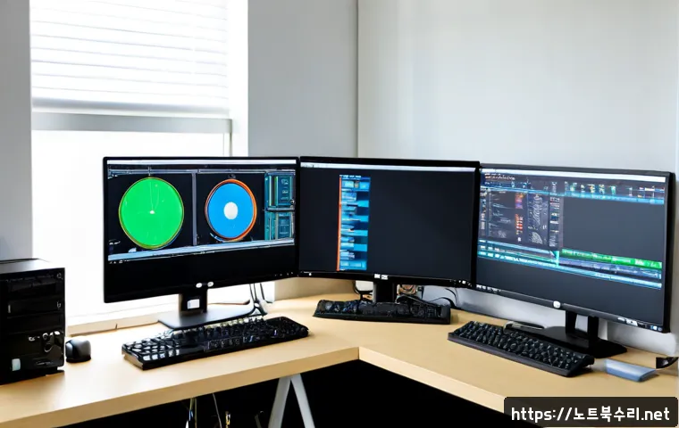 농서동 자동복구 - Photorealistic IT support workstation in a quiet Korean suburban office, dual monitors showing a cle...