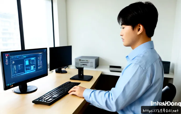 임학동 INVALID_KERNEL_HANDLE - Photorealistic remote-support workstation in a compact Imhak-dong apartment office, dual monitors sh...
