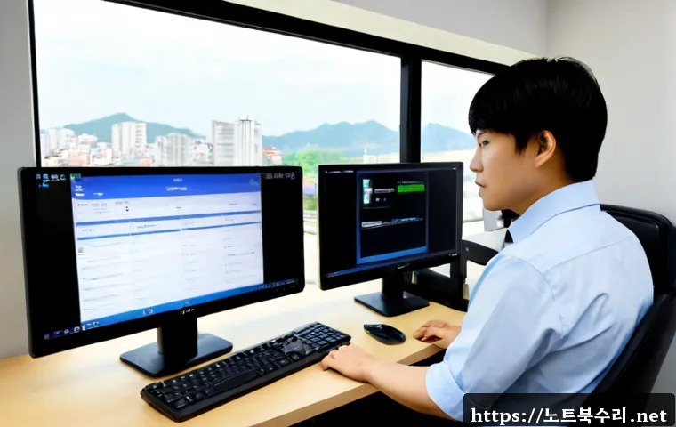 유림동 STATUS_MODULE_ACCESS_DENIED - Photorealistic Korean office workstation, IT support specialist viewing a clean unbranded access-con...