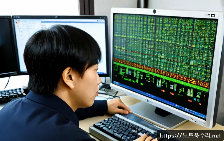 간석동 STATUS_IMAGE_CHECKSUM_MISMATCH - Photorealistic IT technician at a compact workstation in a dense Incheon neighborhood office, inspec...
