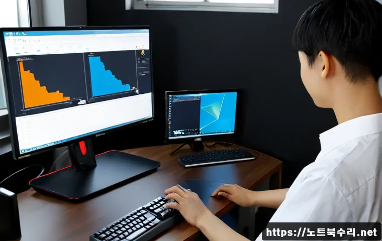 신이문동 모니터화면 안나옴 - Photorealistic remote-support workstation in a compact Sinimun-dong apartment, dual monitors with on...