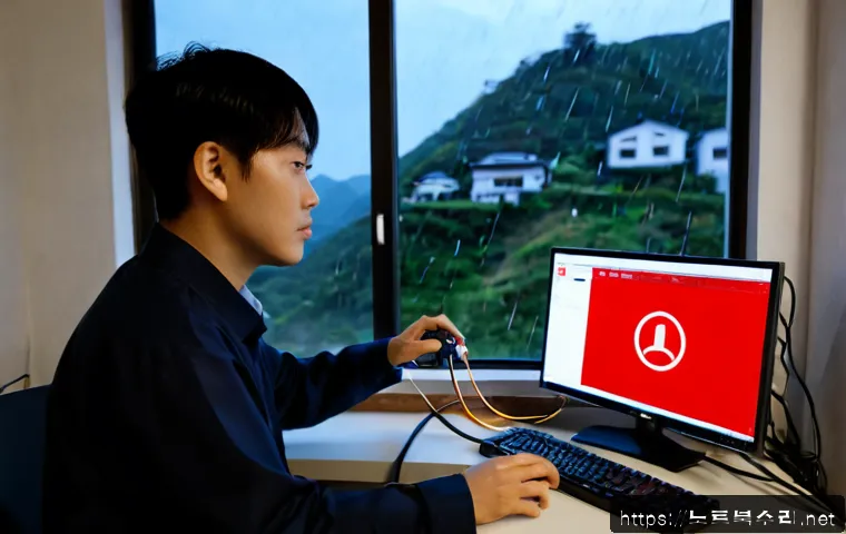 신현동 STATUS_CONNECTION_REFUSED - Photorealistic IT support workstation in a compact apartment near a quiet Korean suburban hillside, ...
