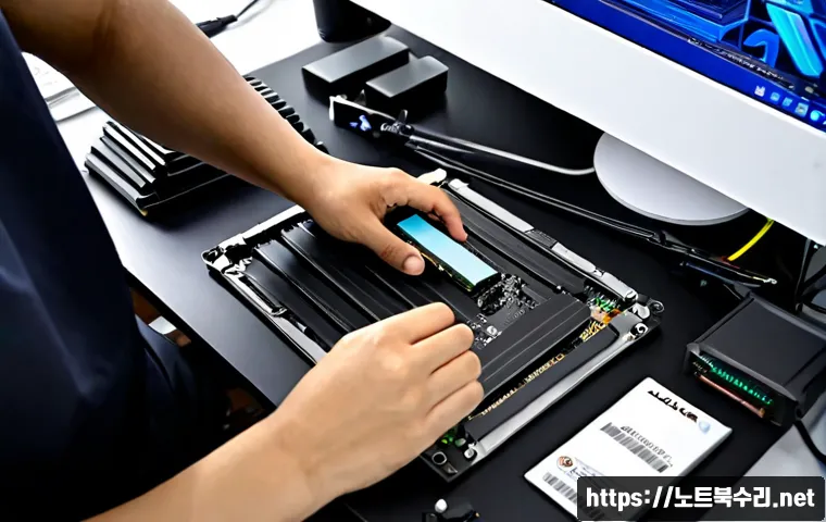 대학동 SSD조립 및 교체수리 - Photorealistic close-up of a technician replacing an M.2 NVMe SSD inside a compact desktop workstati...