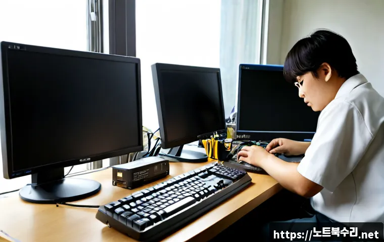 강천면 아이맥 판매 및 수리 - Photorealistic computer repair studio in a quiet rural Korean township, technician carefully servici...
