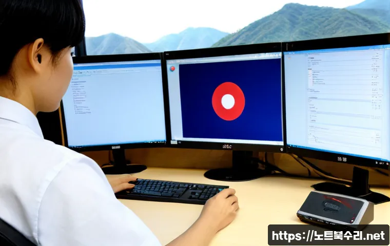 일동면 STATUS_IO_ERROR - Photorealistic remote-support workstation in a quiet rural Korean county office, dual monitors showi...