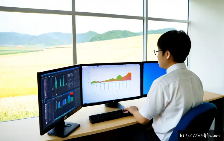 서운면 STATUS_FLOAT_OVERFLOW - Photorealistic workstation in a quiet rural Korean office, software engineer examining a desktop das...