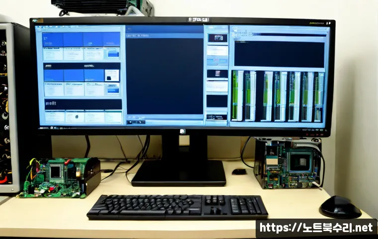 황학동 STATUS_KERNEL_DATA_CORRUPTION - Photorealistic remote-support workstation in a compact electronics repair shop, desktop monitor show...