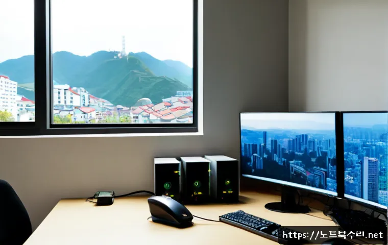 노원구 NDIS_INTERNAL_ERROR - Photorealistic IT support workstation in a high-rise apartment office, technician reconnecting netwo...