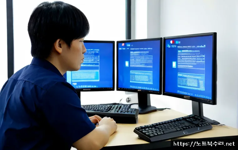 광진구 IRQL_NOT_LESS_OR_EQUAL - Photorealistic IT support workstation in a modern Gwangjin-gu office, dual monitors showing a blue s...