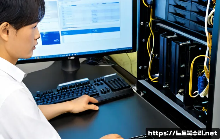지행동 STATUS_KERNEL_MODULE_INVALID - Photorealistic IT support workstation in a compact Korean office near a suburban rail district, tech...