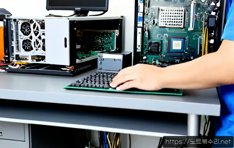 목동동 아이맥 판매 및 수리 - Photorealistic electronics service studio in Mokdong, Seoul, featuring a sleek silver all-in-one des...